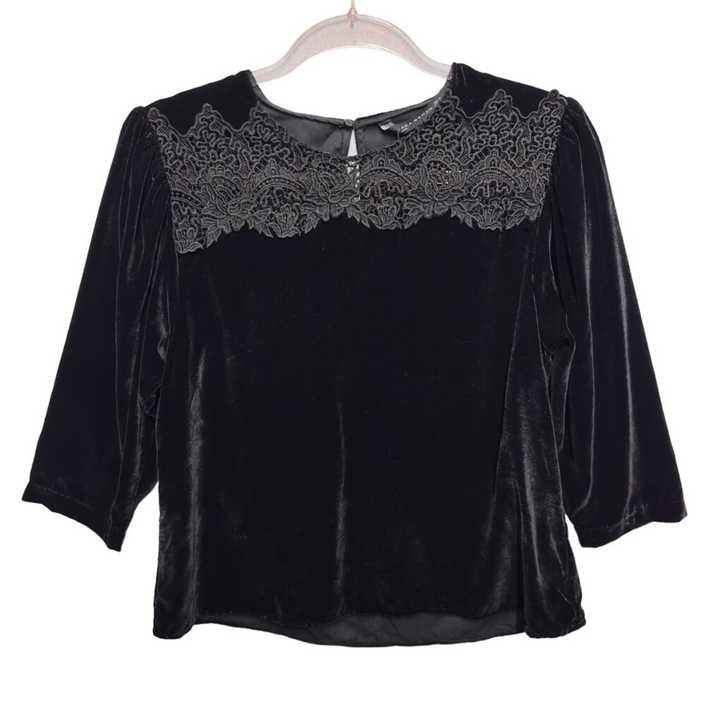 Zara Velvet Velour Crochet Knit Babydoll Top Blouse